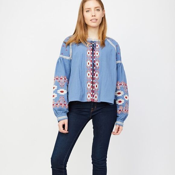 EUC Anthropologie RD + Koko Jacket in Slate Blue w/ Red White Embroidery LARGE - Picture 1 of 4